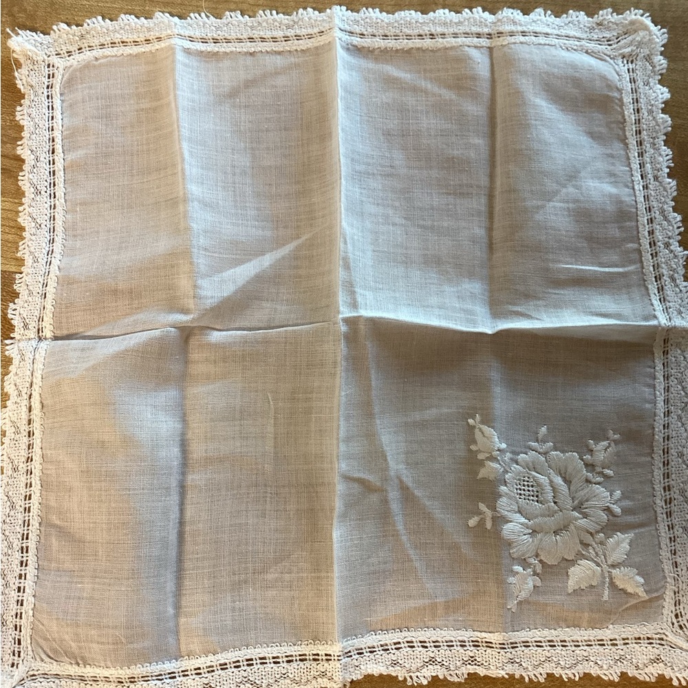 Vintage Handkerchief with Rose Embroidered and Lace